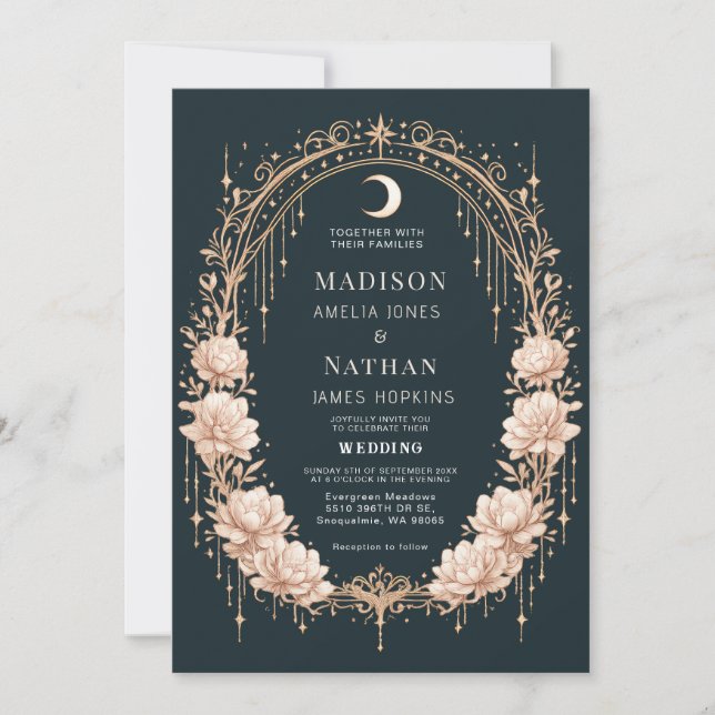 Celestial Moon Frame Gold Romantic wedding Invitation (Front)