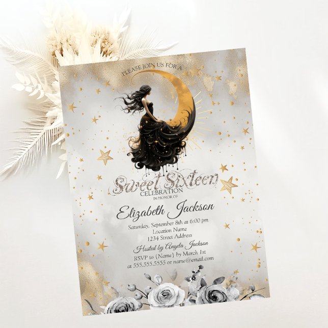 Celestial  Moon Girl Flowers Stars Sweet 16 Invitation (Creator Uploaded)