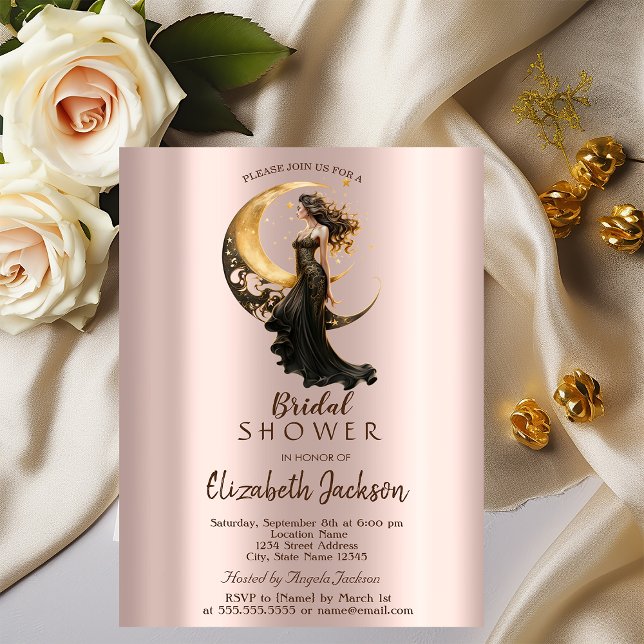 Celestial Moon Girl Rose Gold Bridal Shower Invitation (Creator Uploaded)