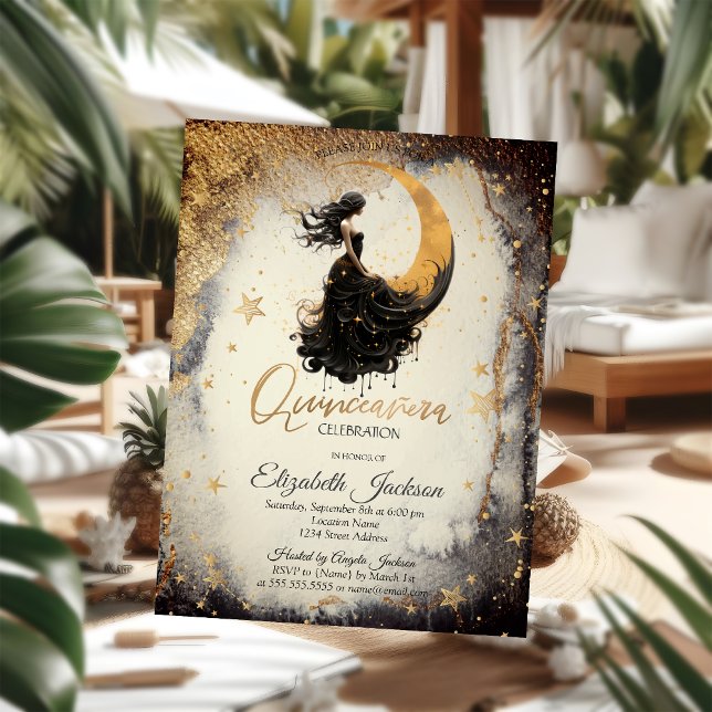 Celestial Moon Girl Watercolor Stars Quinceanera Invitation (Creator Uploaded)