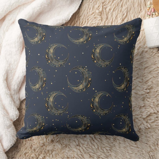 Celestial Moon Gold Starry Night Pattern (1) Cushion (Blanket)
