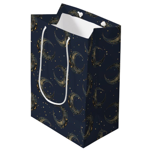 Celestial Moon Gold Starry Night Pattern Medium Gift Bag (Front Angled)