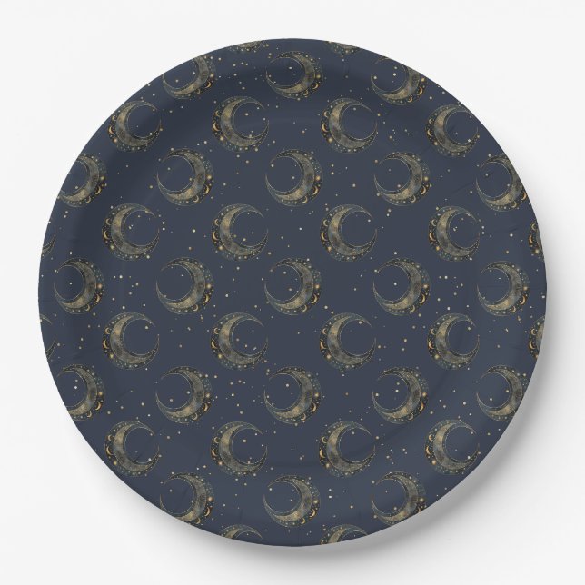 Celestial Moon Gold Starry Night Pattern Paper Plate (Front)