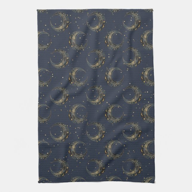 Celestial Moon Gold Starry Night Pattern Tea Towel (Vertical)