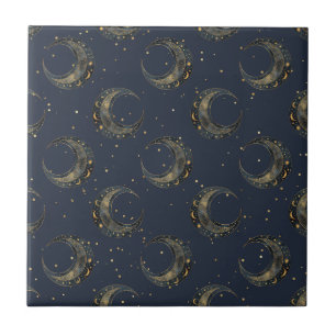 Celestial Moon Gold Starry Night Pattern Tile