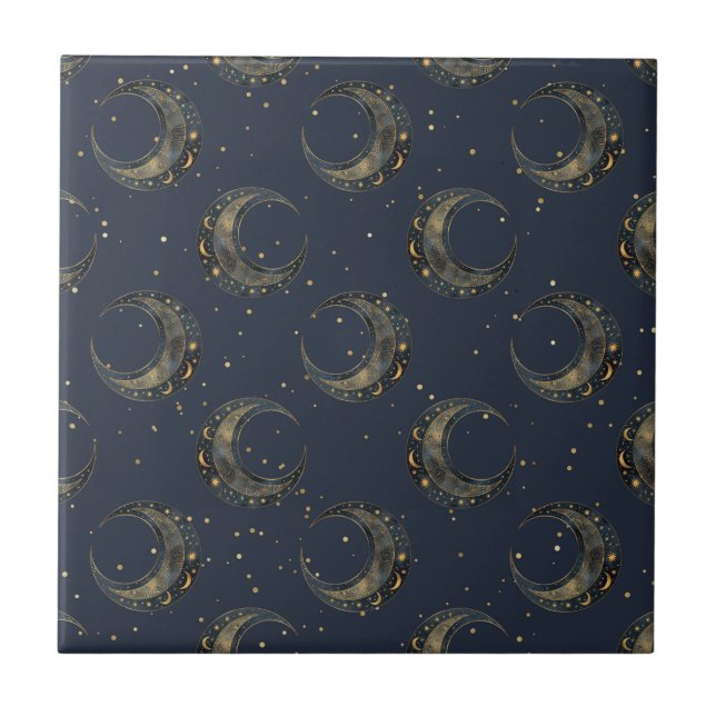 Celestial Moon Gold Starry Night Pattern Tile (Front)
