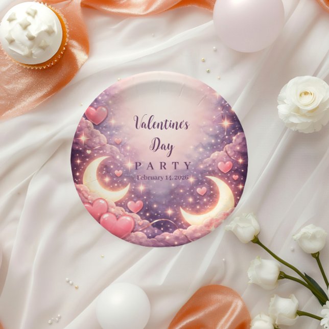 Celestial Moon Hearts Valentine Party Paper Plate (Creator Uploaded)