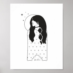 Celestial Moon Maiden Black and White Print