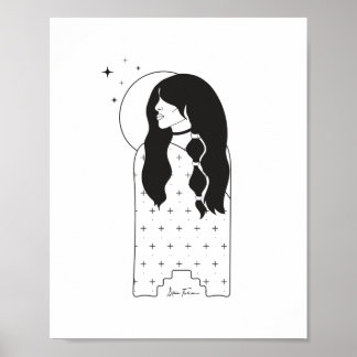 Celestial Moon Maiden Black and White Print