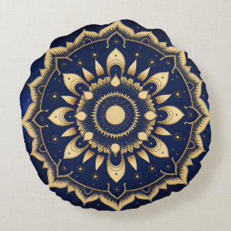 Celestial Moon Mandala Design | Navy Blue & Gold S Round Cushion