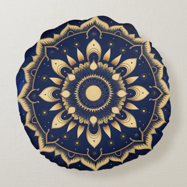 Celestial Moon Mandala Design | Navy Blue & Gold S Round Cushion (Back)