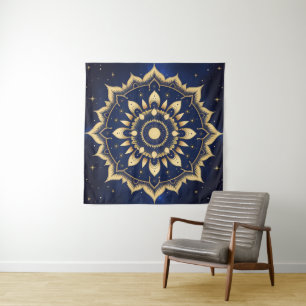 Celestial Moon Mandala Tapestry Navy Blue & Gold