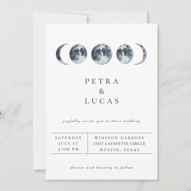 Celestial Moon Phase Navy Blue Wedding Invitation (Front)