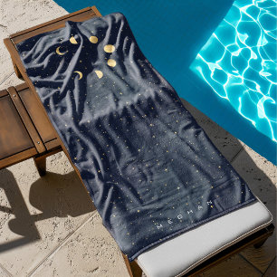 Celestial Moon Phases Gold Monogram Beach Towel