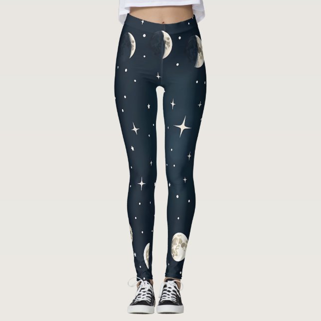 Celestial moon phases in silver on navy leggings (Front)