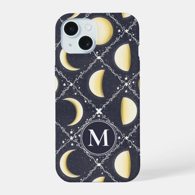 Celestial Moon Phases Pattern iPhone 15 Case (Back)