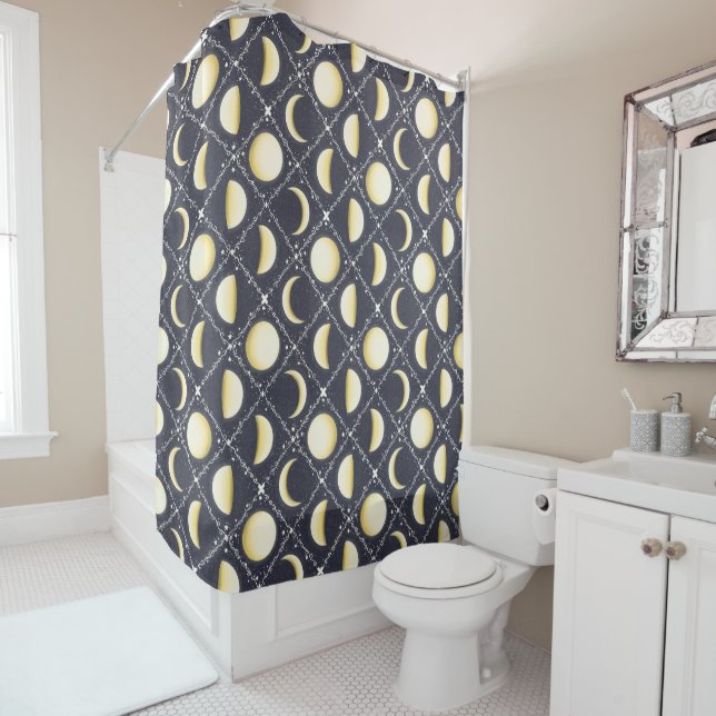 Celestial Moon Phases Pattern Shower Curtain (In Situ)