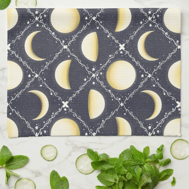 Celestial Moon Phases Pattern Tea Towel (Folded)