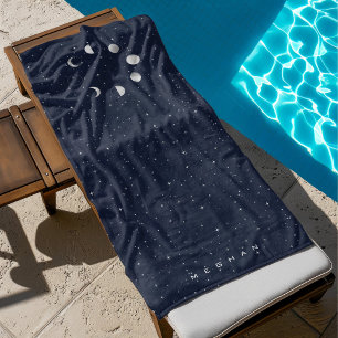 Celestial Moon Phases Silver Monogram Beach Towel