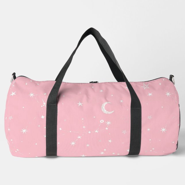 celestial moon star constellation pink duffle bag (Front)