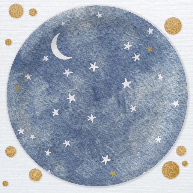 Celestial Moon Star Navy Blue Watercolor Paper Plate (Moon and stars celestial watercolor navy blue gold and white party paper plates)