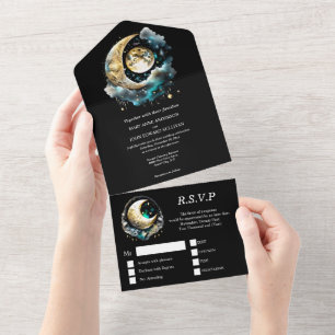 Celestial moon starry night sky black blue green all in one invitation