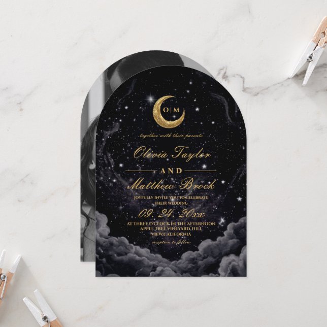 Celestial Moon Starry Night Wedding Invitation (Front/Back In Situ)