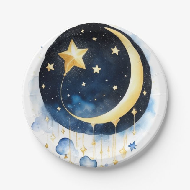 Celestial Moon Stars Baby Shower Watercolor Theme Paper Plate (Front)