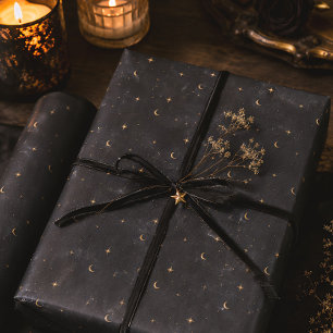 Celestial Moon Stars Black Gold Winter Solstice Wrapping Paper