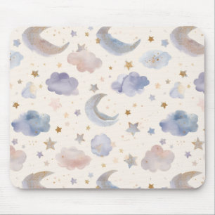 Celestial Moon Stars Clouds Watercolor Pastel Mouse Pad