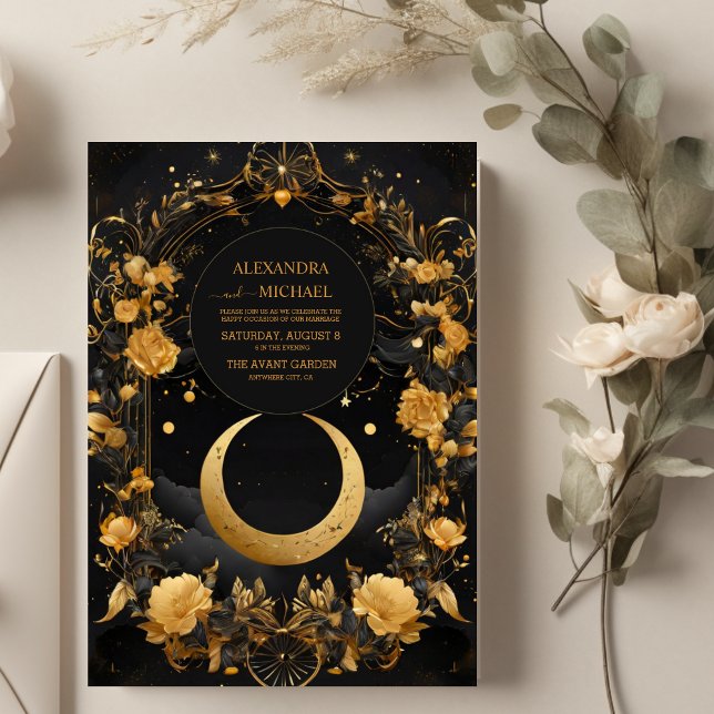 Celestial Moon & Stars Faux Gold Wedding Invitation (Creator Uploaded)