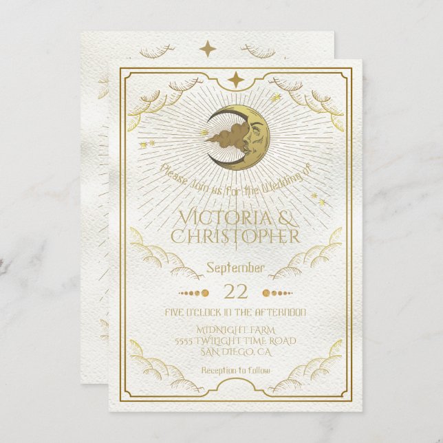 Celestial Moon & Stars Faux Gold Wedding Invitation (Front/Back)
