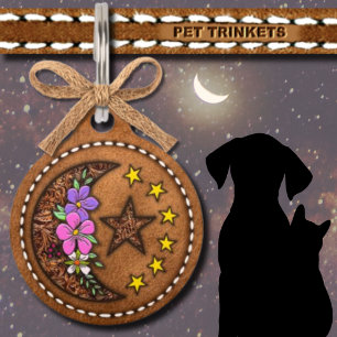 Celestial Moon Stars Floral Brown Leather Pet Tag