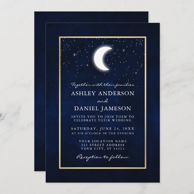 Celestial Moon Stars Gold Photo Wedding Invitation (Front/Back)