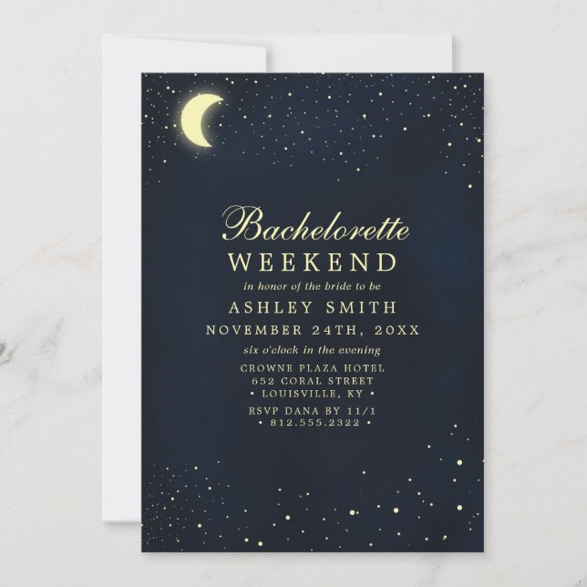 Celestial Moon Stars Midnight Bachelorette Weekend Invitation (Front)