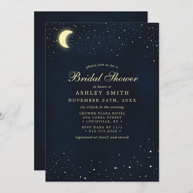 Celestial Moon Stars Midnight Blue Bridal Shower Invitation (Front/Back)