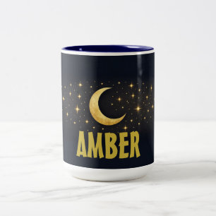 Celestial Moon & Stars Midnight Blue Custom Name Two-Tone Coffee Mug