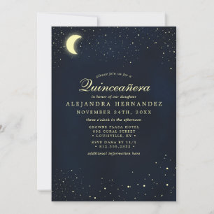 Celestial Moon Stars Midnight Blue Quinceañera Invitation