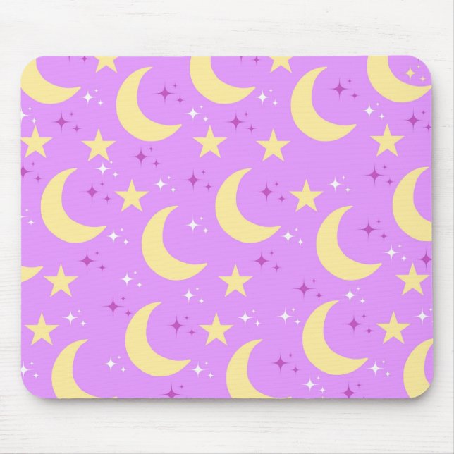 Celestial Moon Stars Pattern Purple Background Mouse Pad (Front)