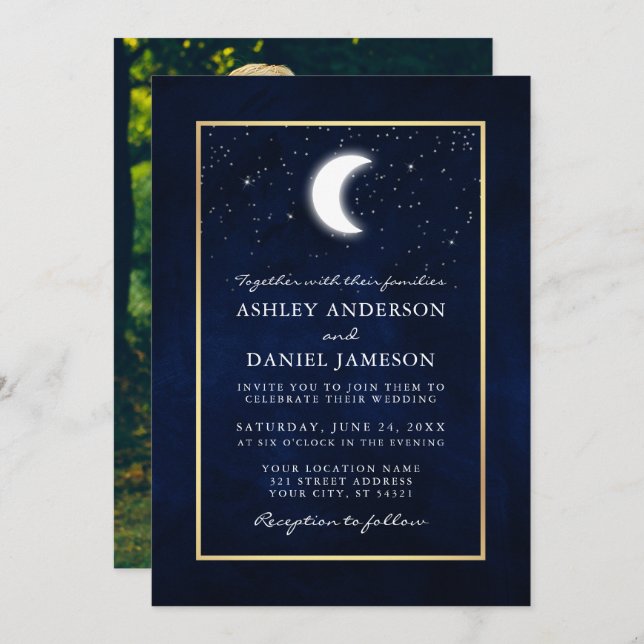 Celestial Moon Stars Photo Gold Frame Wedding Invitation (Front/Back)