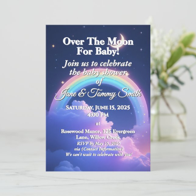 Celestial Moon & Stars Rainbow Baby Shower Invitation (Standing Front)
