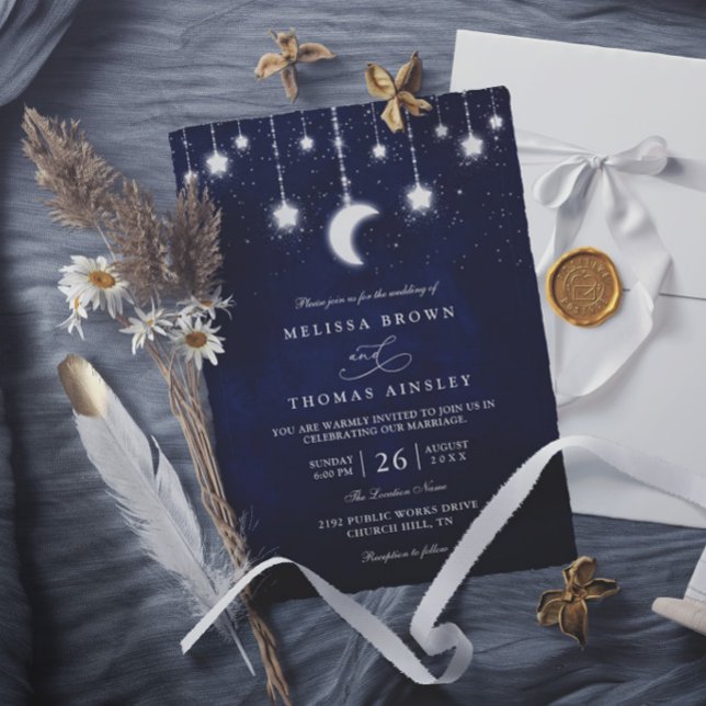 Celestial Moon Stars String Lights Elegant Wedding Invitation (Creator Uploaded)