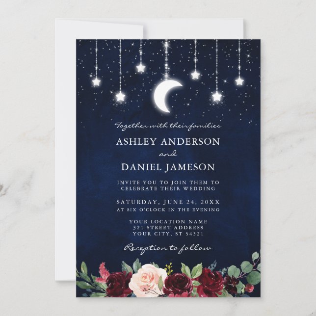 Celestial Moon Stars String Lights Floral Wedding Invitation (Front)