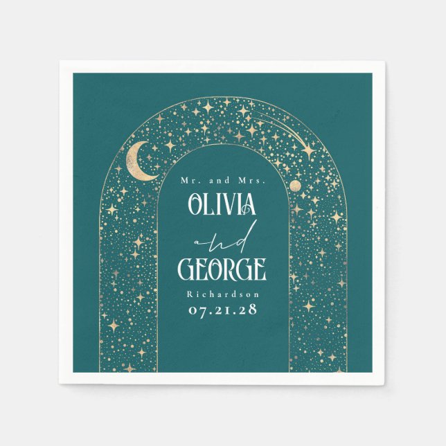 Celestial Moon Stars Teal Wedding  Napkin (Front)