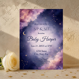 Celestial Moon & Stars Watercolor Sip and See Baby Invitation