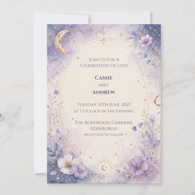 Celestial Moon Stars Watercolor Wedding Invite (Front)