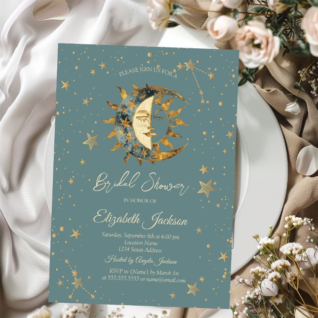 Celestial Moon,Sun Stars Green Bridal Shower Invitation (Creator Uploaded)