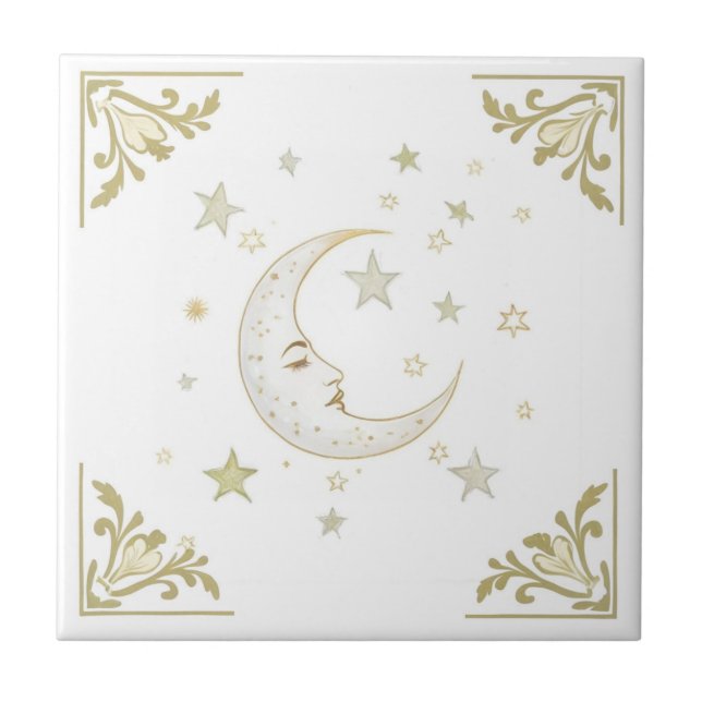 Celestial Moon with Face & Stars Gold White Delft Tile (Front)
