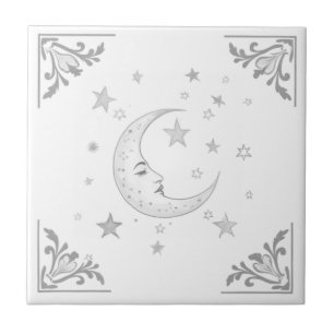 Celestial Moon with Face & Stars Silver and White Tile