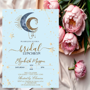 Celestial Moons,Stars Light Blue Bridal Luncheon Invitation